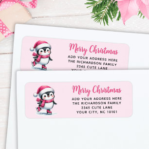 Merry Christmas Cute Ice Skating Penguin Pink Label