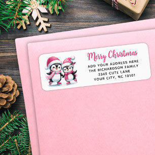 Merry Christmas Cute Ice Skating Penguins Pink Label