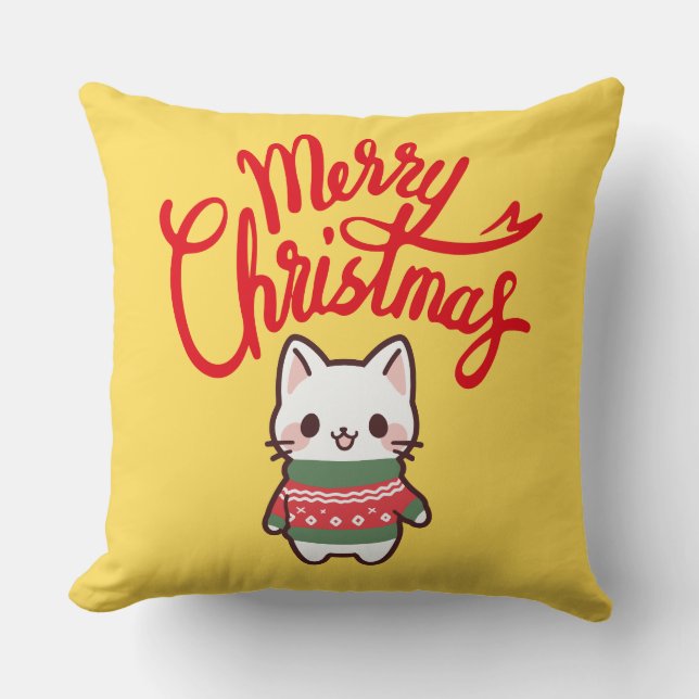 Merry Christmas Cute Kawaii Kitten Throw Pillow (Front)