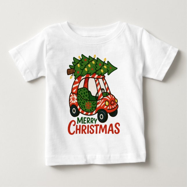 Merry Christmas Cute Kids Car Xmas Tree Baby T-Shirt (Front)