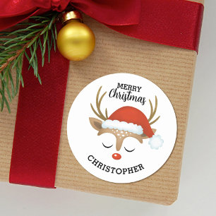 Merry Christmas Cute Kids Reindeer Classic Round Sticker
