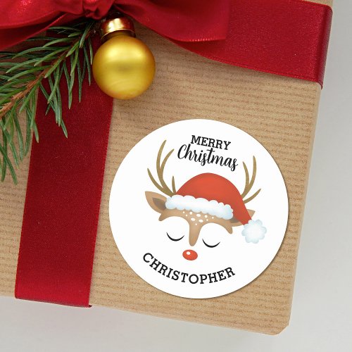 Merry Christmas Cute Kids Reindeer  Classic Round Sticker