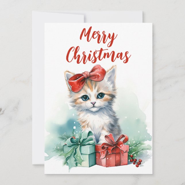 Merry Christmas Cute Kitten and Christmas Gifts Holiday Card (Front)