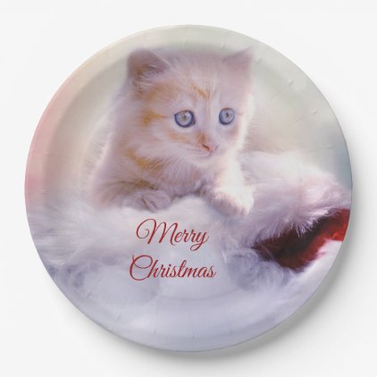 Merry Christmas Cute Kitten Santa Hat Paper Plates