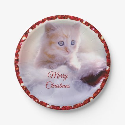 Merry Christmas Cute Kitten Santa Hat Paper Plates