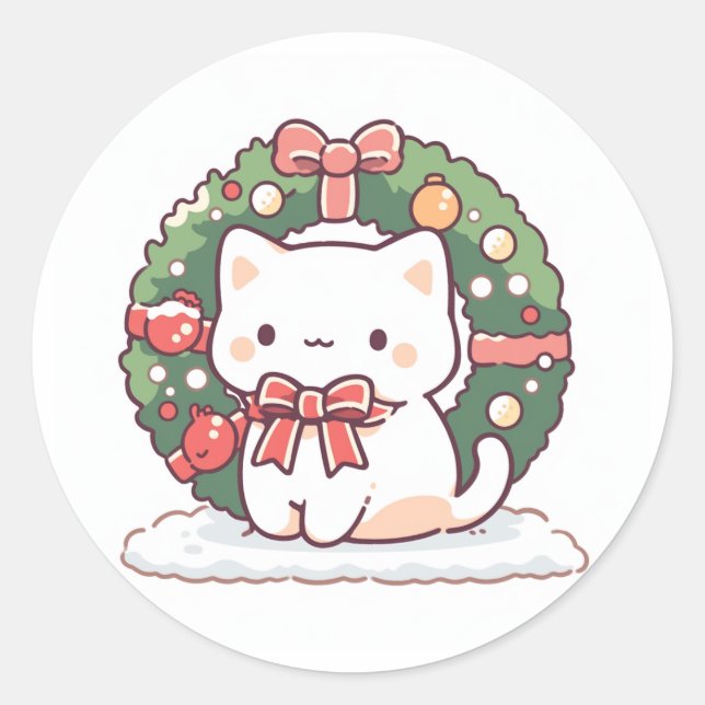 Merry Christmas Cute Kitty Cat  Classic Round Sticker (Front)