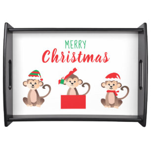 Merry Christmas Cute Little Monkeys Serving Tray