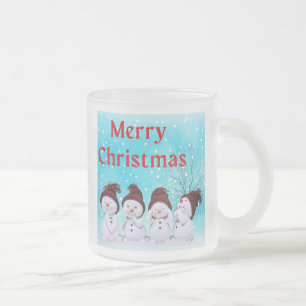 Merry Christmas Cute Little Snowmen Adorable Frosted Glass Coffee Mug
