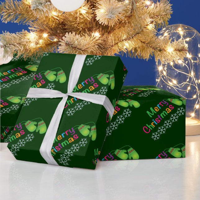 Merry Christmas Cute Mittens Dark Green Holiday Wrapping Paper (Holidays)