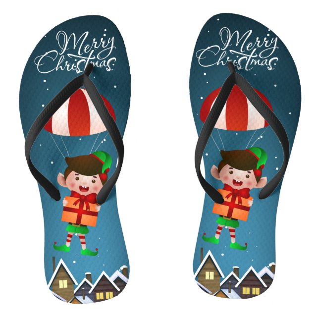 Merry Christmas Cute Modern Parachuting Boy Elf Flip Flops (Footbed)