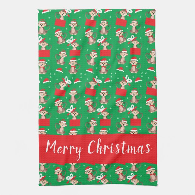 Merry Christmas Cute Monkey Holiday Pattern Red Kitchen Towel (Vertical)