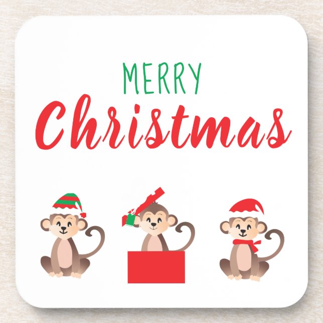 Merry Christmas Cute Monkey Jungle Beverage Coaster (Front)