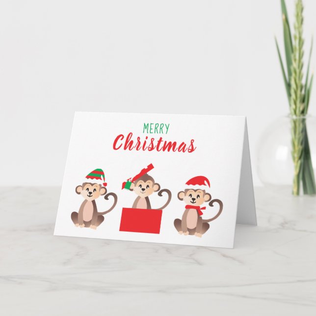 Merry Christmas Cute Monkeys Christmas Hats Card (Front)