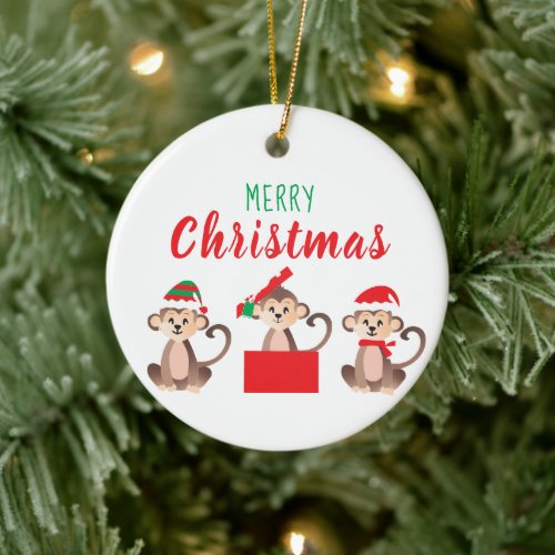 Merry Christmas Cute Monkeys Christmas Hats Ceramic Ornament