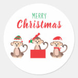 Merry Christmas Cute Monkeys Christmas Hats Classic Round Sticker