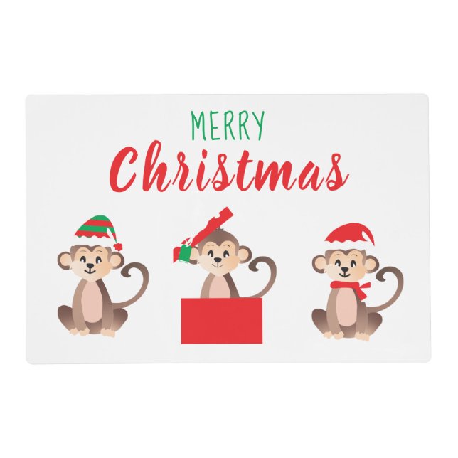 Merry Christmas Cute Monkeys Christmas Hats Placemat (Front)