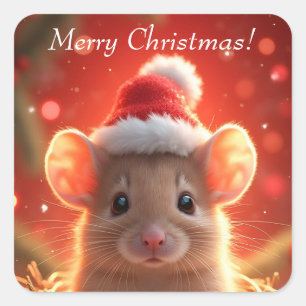 Merry Christmas - Cute Mouse in Santa Hat Square Sticker