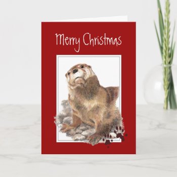 Merry Christmas  Cute Otter Animal Holiday Card by countrymousestudio at Zazzle