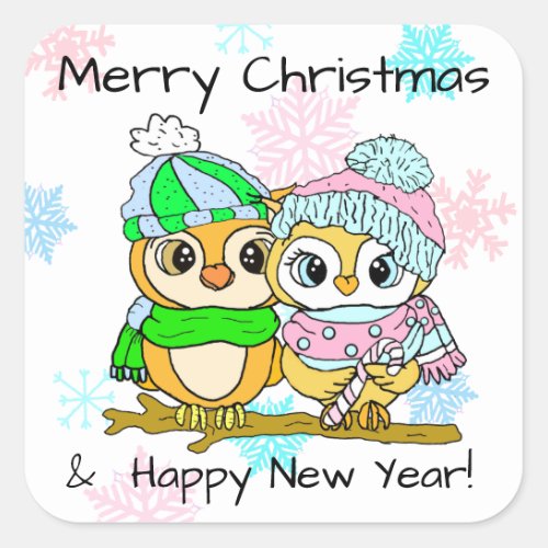 Merry Christmas Cute Owl Couple Christmas Square Sticker