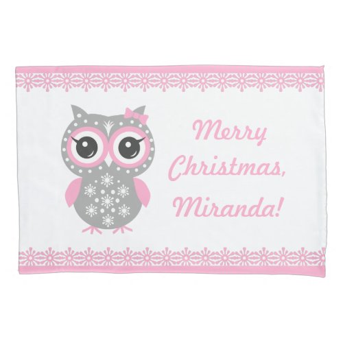 Merry Christmas Cute Owl Pink Pillowcase For Girl