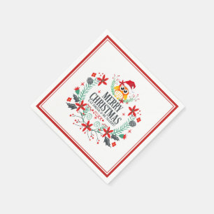 Merry Christmas Cute Owl Wreath Napkins