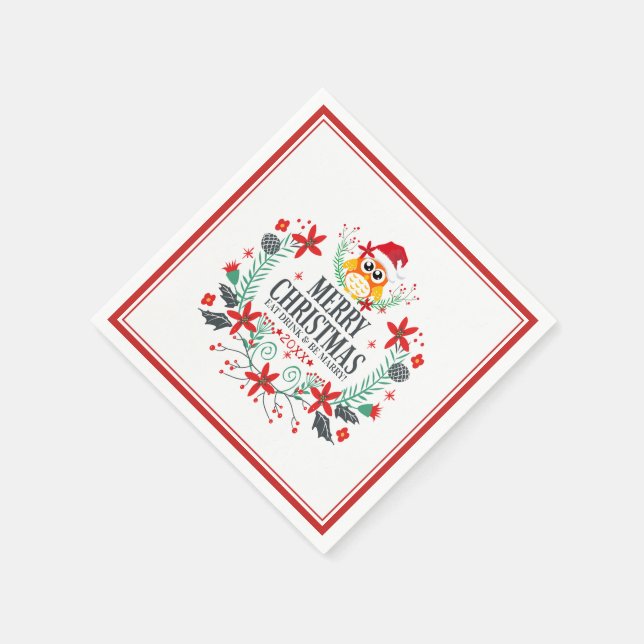 Merry Christmas Cute Owl Wreath Napkins (Corner)