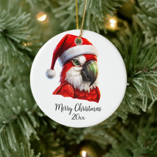 Merry Christmas Cute Parrot Santa Hat Bird Custom Ceramic Ornament