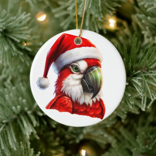 Merry Christmas Cute Parrot Santa Hat Bird Green  Ceramic Ornament