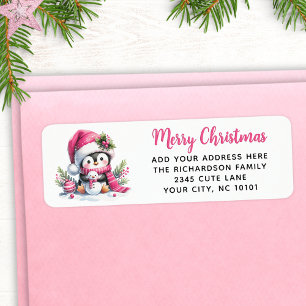 Merry Christmas Cute Penguin Custom Elegant Pink Label