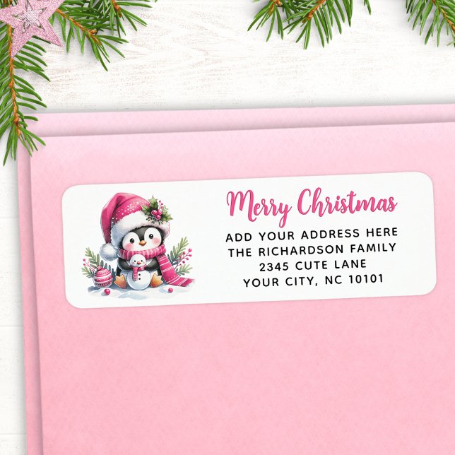 Merry Christmas Cute Penguin Custom Elegant Pink Label (Creator Uploaded)