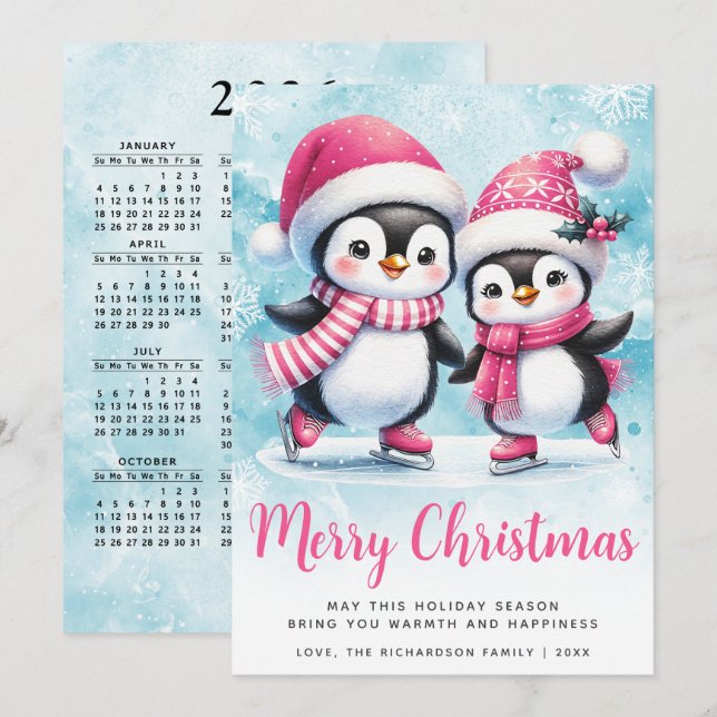 Merry Christmas Cute Penguin Ice Skaters Pink Holiday Card (Front/Back)