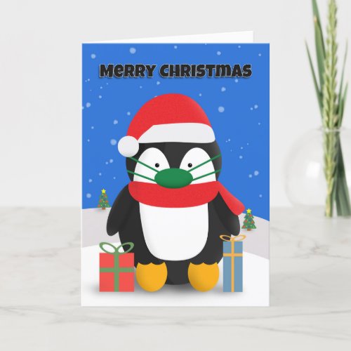 Merry Christmas Cute Penguin in Pandemic Face Mask Holiday Card