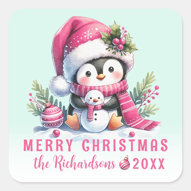Merry Christmas Cute Penguin Mint and Pink Custom Square Sticker (Front)