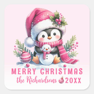 Merry Christmas Cute Penguin Pink Personalized Square Sticker