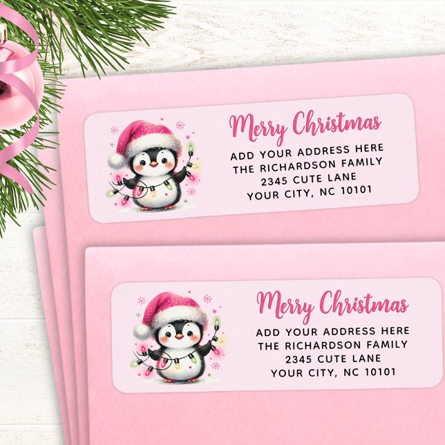 Merry Christmas Cute Penguin with Lights Pink Label (Creator Uploaded)