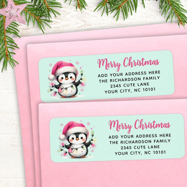 Merry Christmas Cute Penguin with Lights Pink Mint Label (Creator Uploaded)