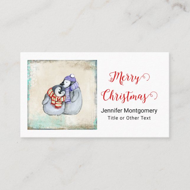 Merry Christmas Cute Penguins in Winter Scarves Business Card (Front)