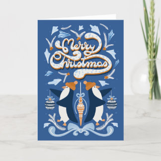 Merry Christmas cute penguins with baubles  Holiday Card