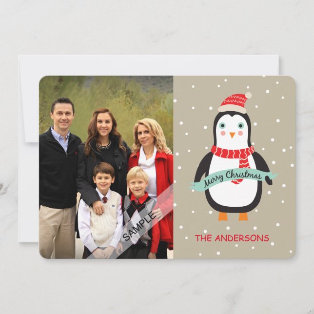 Merry Christmas Cute Penquin Personalized Photo Holiday Card (Front)