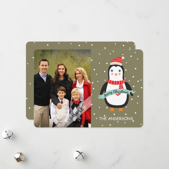 Merry Christmas Cute Penquin Personalized Photo Holiday Card (Front/Back In Situ)