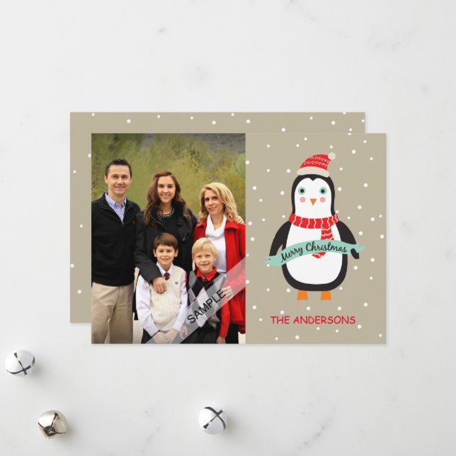 Merry Christmas Cute Penquin Personalized Photo Holiday Card (Front/Back In Situ)