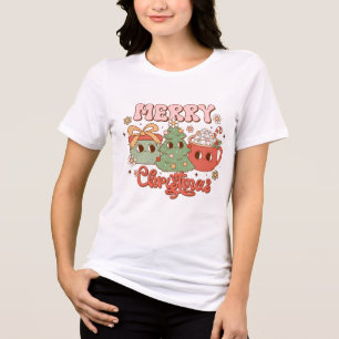 Merry Christmas Cute Pine Tree, Present and Cocoa Tri-Blend Shirt