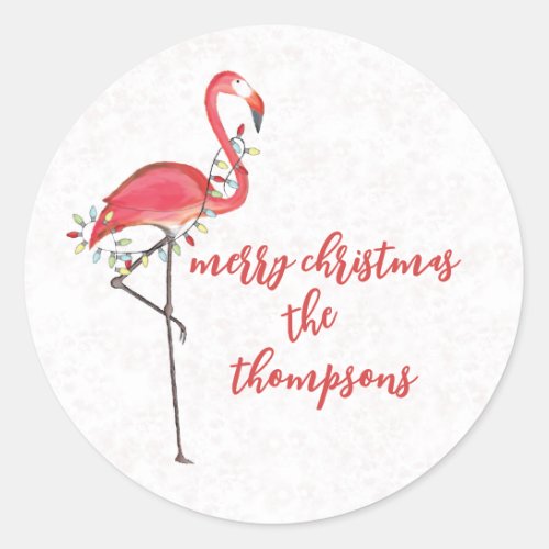 Merry Christmas Cute Pink Flamingo String Lights Classic Round Sticker