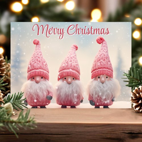 Merry Christmas Cute Pink Gnomes Holiday Card