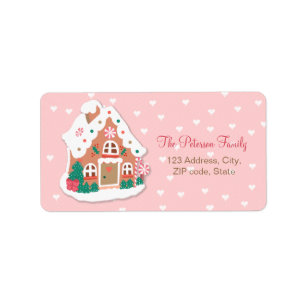 Merry Christmas Cute Pink Snowy Gingerbread House  Label