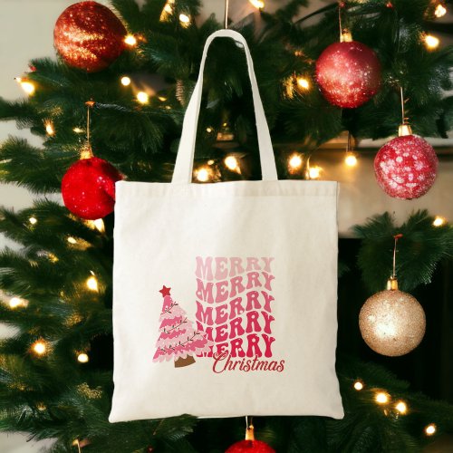 Merry Christmas cute pink tote bag