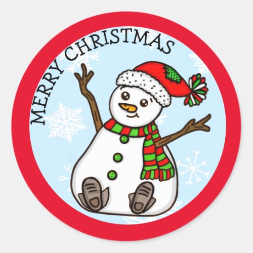 Merry Christmas Cute Plump Snowman   Classic Round Sticker