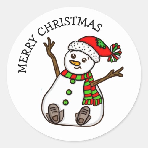 Merry Christmas Cute Plump Snowman  Classic Round Sticker