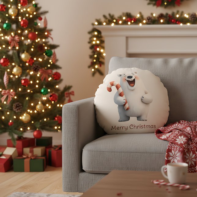 Merry Christmas Cute Polar Bear Design Round Pillow (Creator Uploaded)