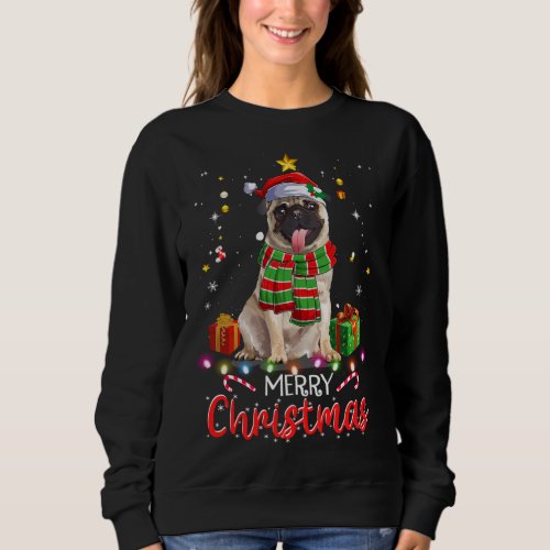 Merry Christmas Cute Pug Santa Hat Tree Lights Xma Sweatshirt